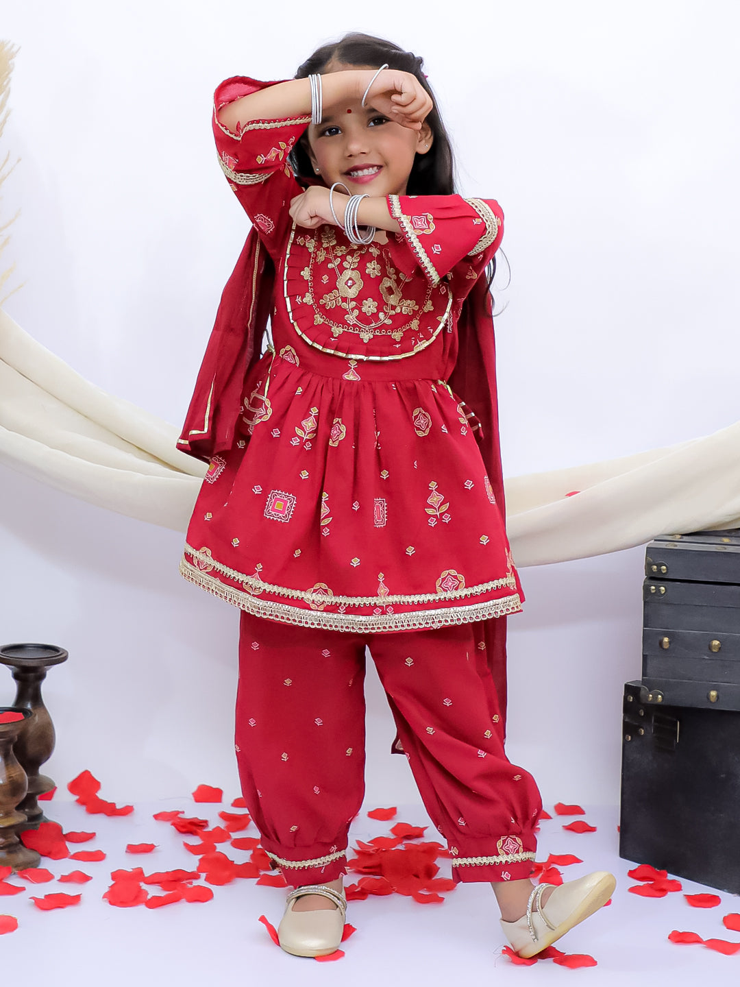 Gulbahar Red Embroidered Kurti with Afghani Pants