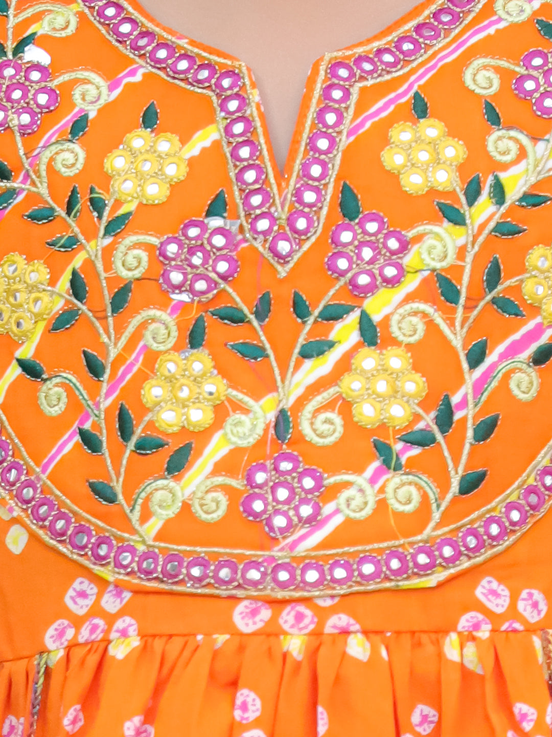 Rangrez Orange Girls Floral Leheriya Embroidered Kurti with Garara