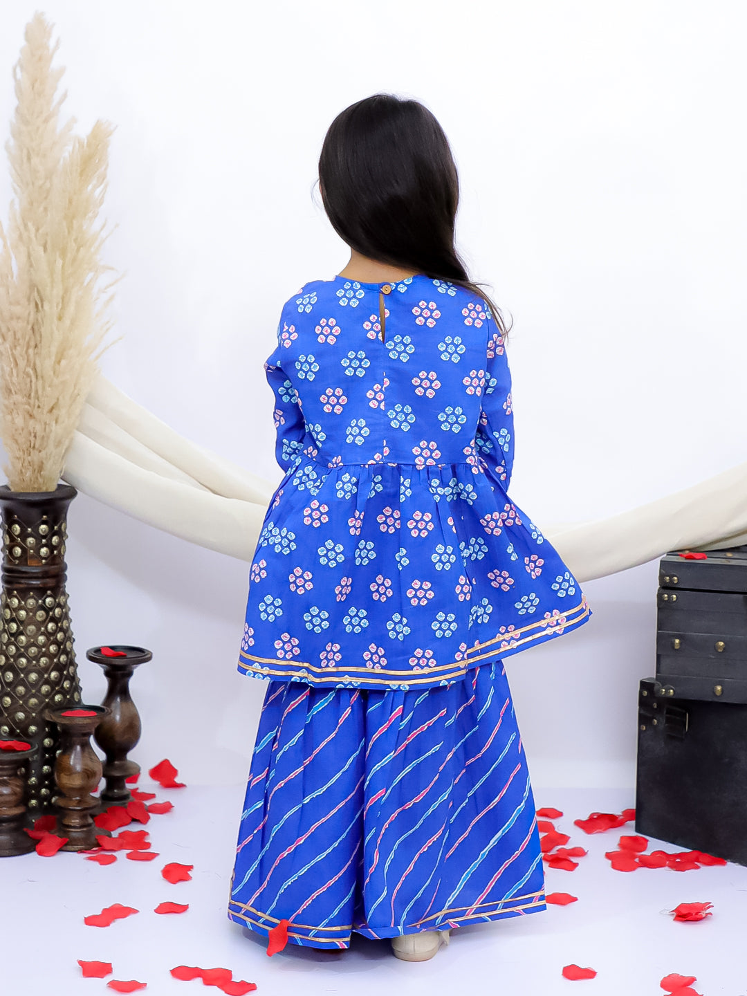 Neel Rang Blue Girls Floral Leheriya Embroidered Kurti with Garara