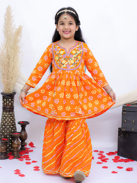 Rangrez Orange Girls Floral Leheriya Embroidered Kurti with Garara