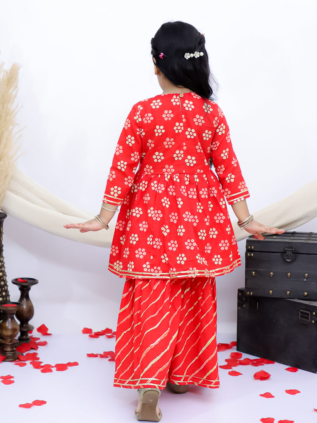 Rangrez Red Girls Floral Leheriya Embroidered Kurti with Garara