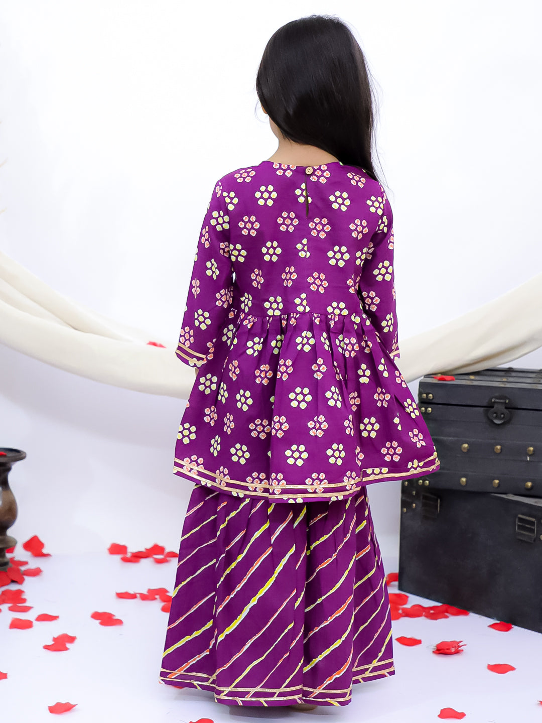 Rangrez Purple Girls Floral Leheriya Embroidered Kurti with Garara