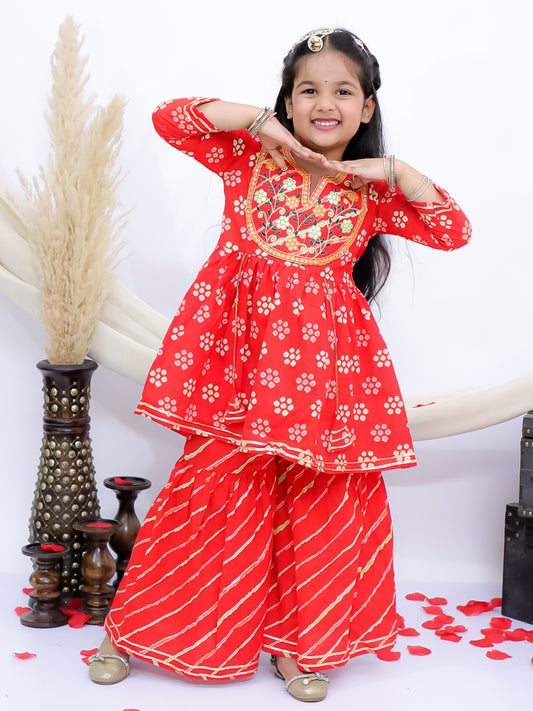 Rangrez Red Girls Floral Leheriya Embroidered Kurti with Garara