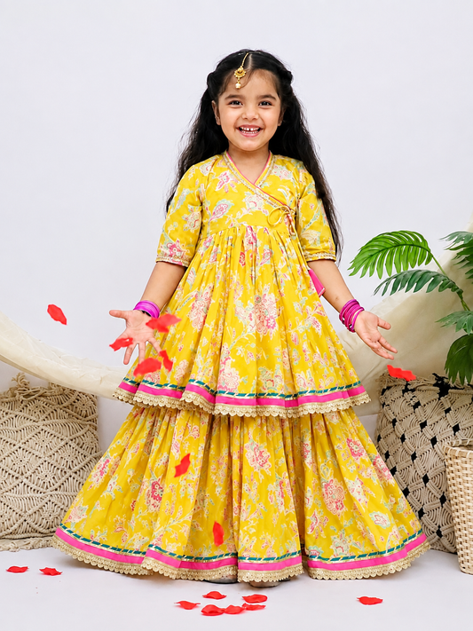 Gulbahar Yellow Girls Floral Angrakha Kurti with Skirt