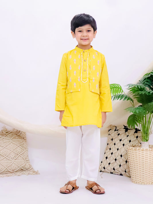 Jaipuri Yellow Boys Kurta Pajama Set with Printed Half Jacket