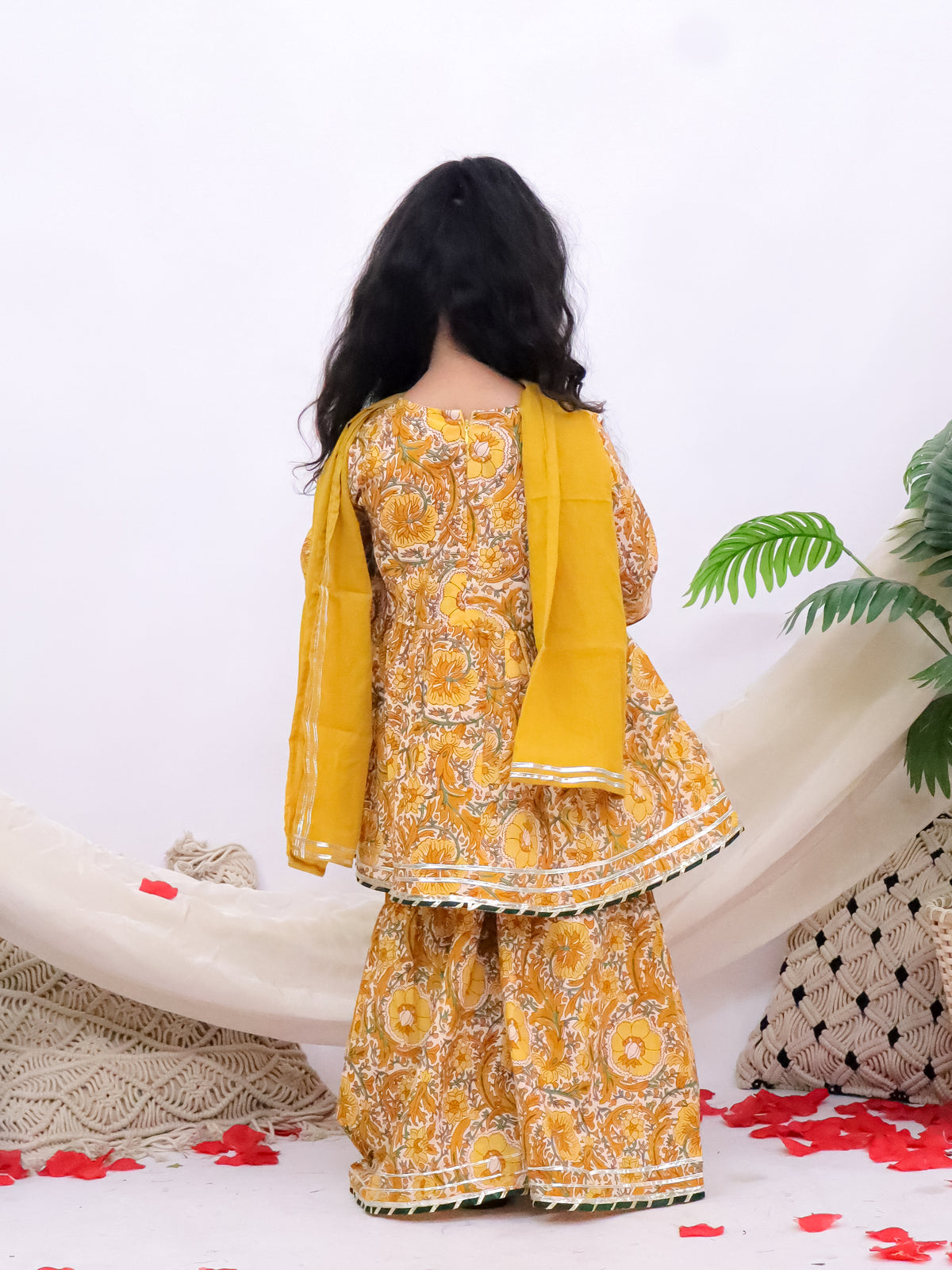 Gulnaar Yellow Girls Printed Sharara Kurti With Mul Dupatta
