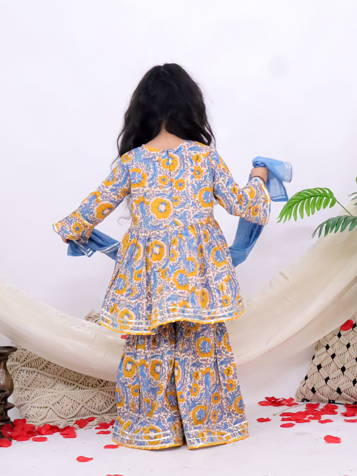 Sky Blue Floral Printed Sharara Kurti Set with Mul Dupatta