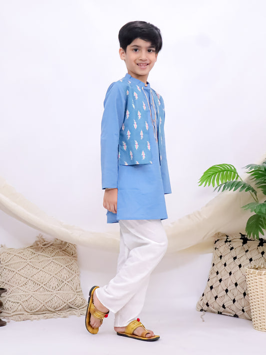 Royal Blue Kurta Pajama Set with Printed Half Jacket