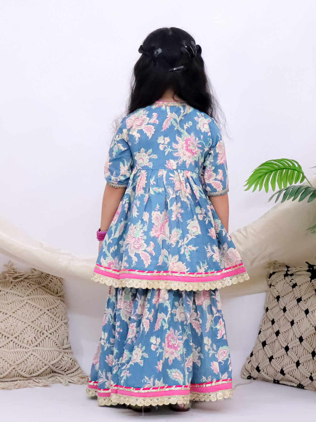 Gulbahar Blue Girls Floral Angrakha Kurti with Skirt