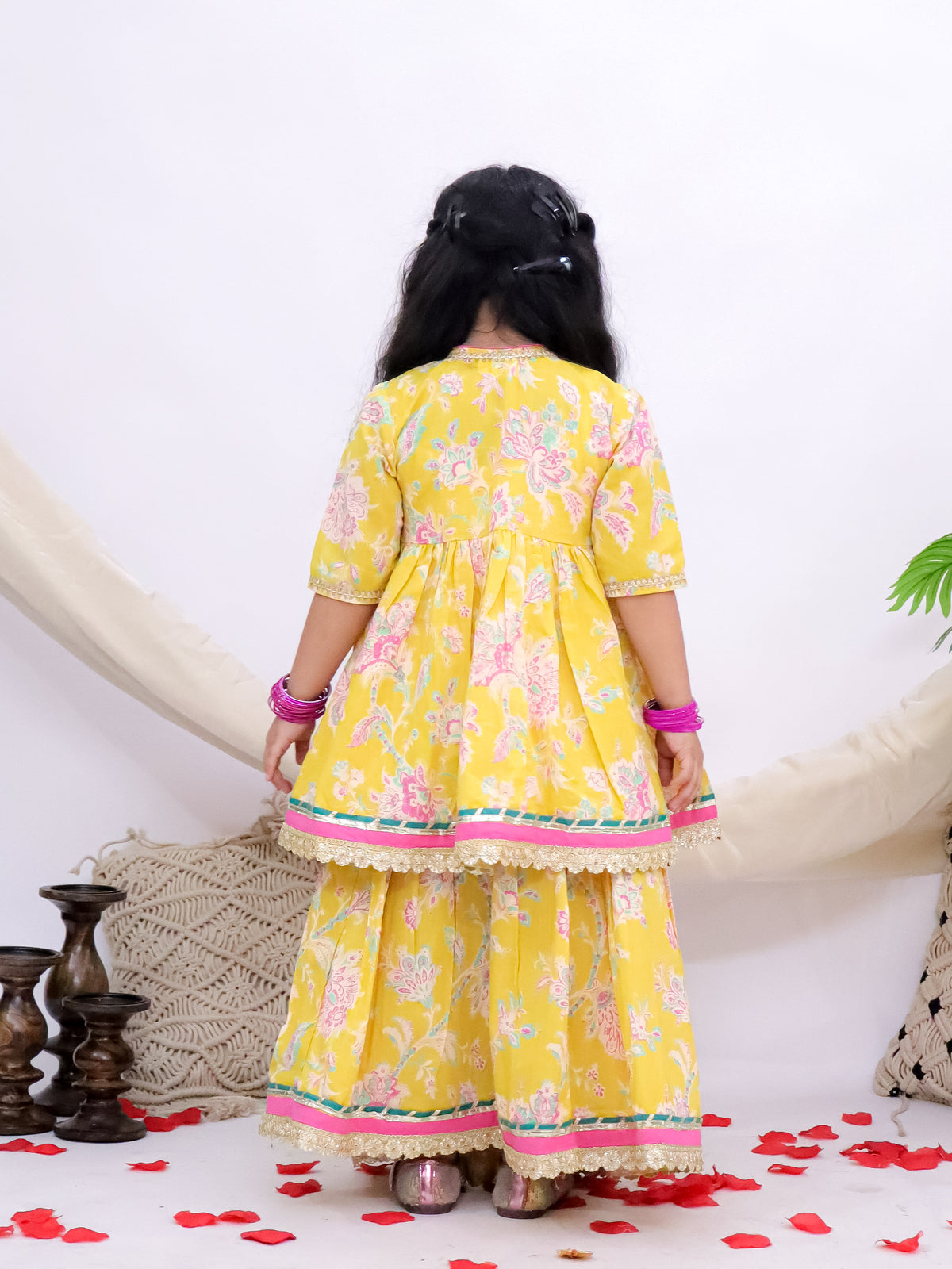 Gulbahar Yellow Girls Floral Angrakha Kurti with Skirt