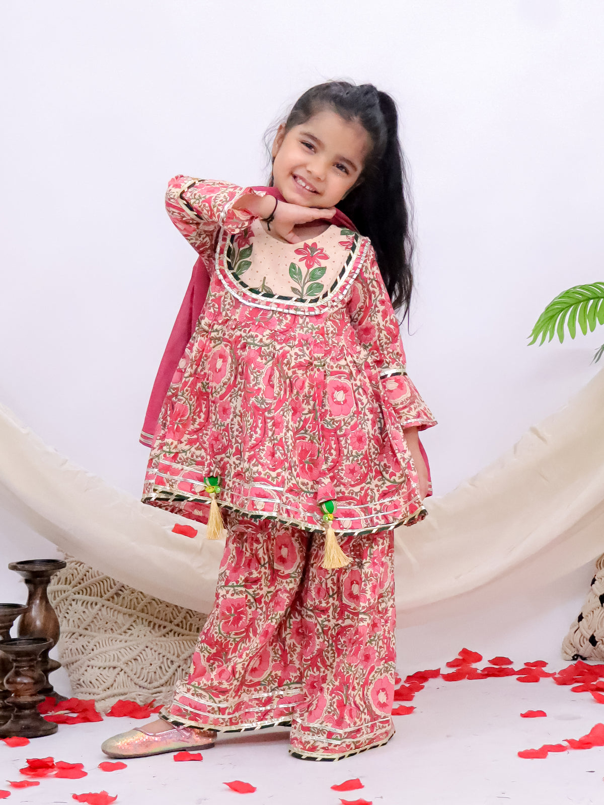 Gulnaar Pink Girls Printed Sharara Kurti With Mul Dupatta