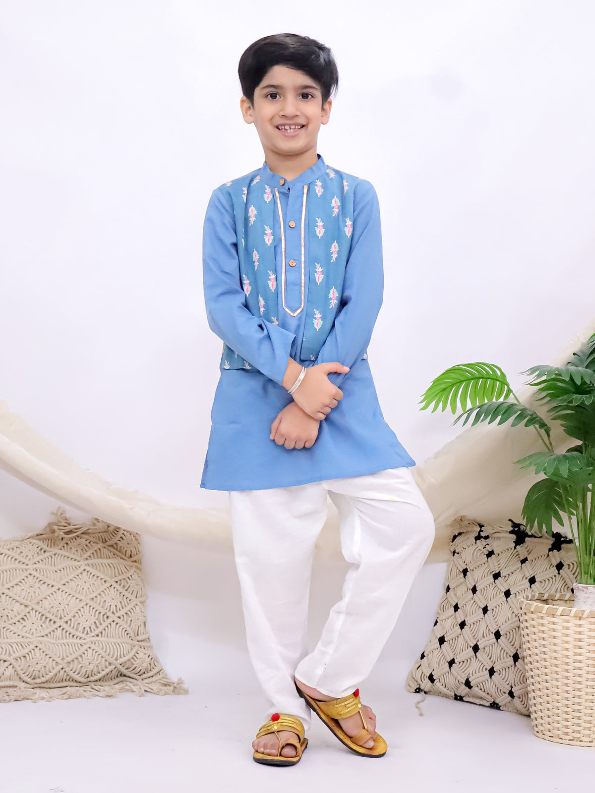 Royal Blue Kurta Pajama Set with Printed Half Jacket
