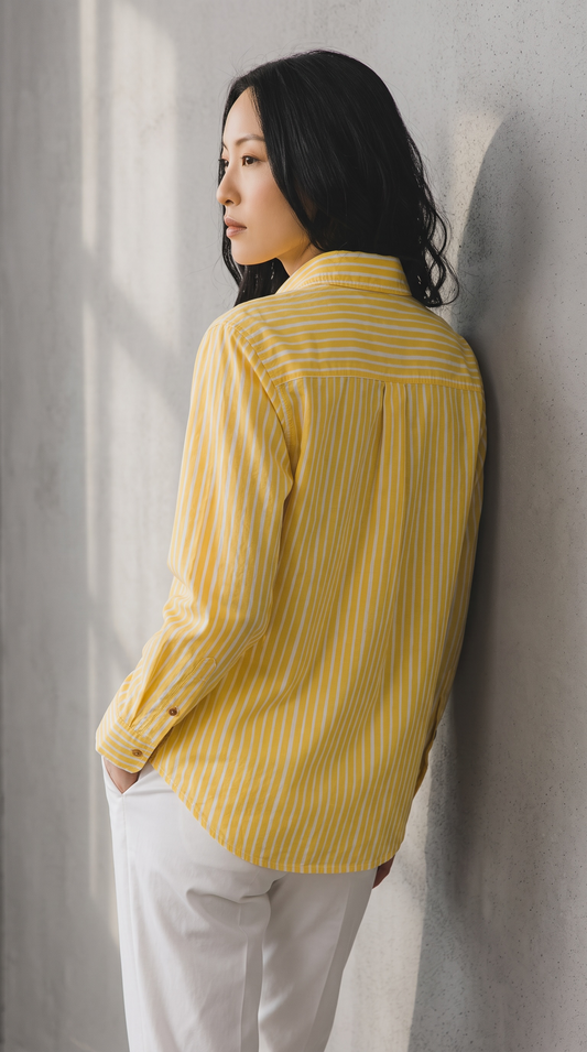 Sunshine Yellow Pure Cotton Shirt with Hand-Painted Organza Pocket