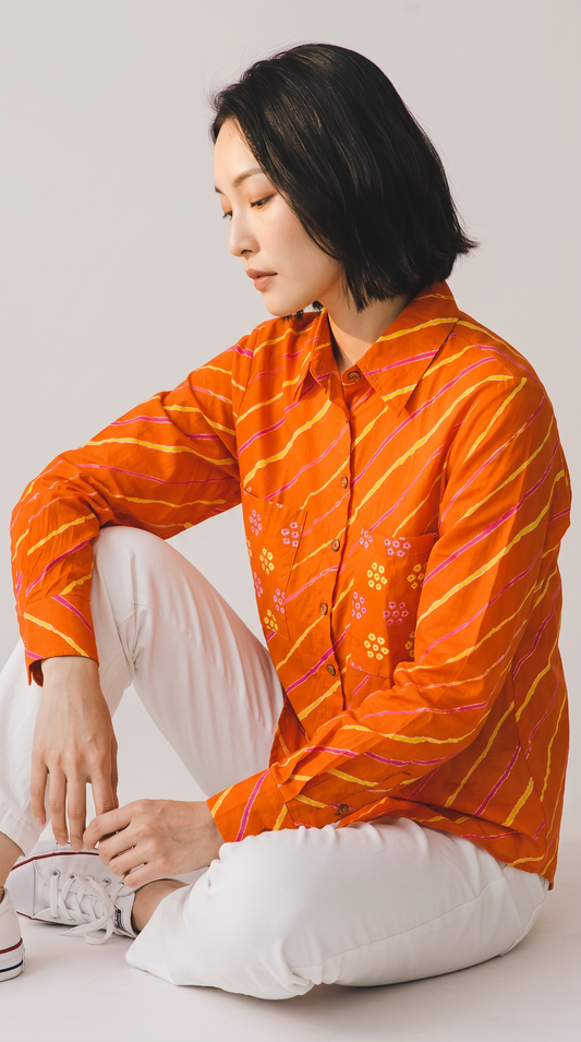 Orange Leheriya Pure Cotton Shirt with Bandhani Pockets