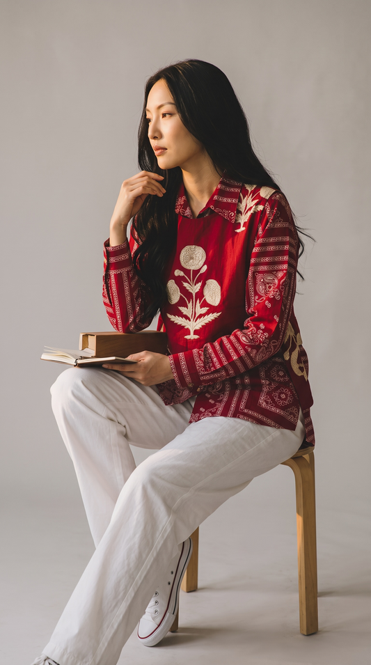 Burgundy Red Pure Cotton Shirt with Detachable Bootee Half Jacket