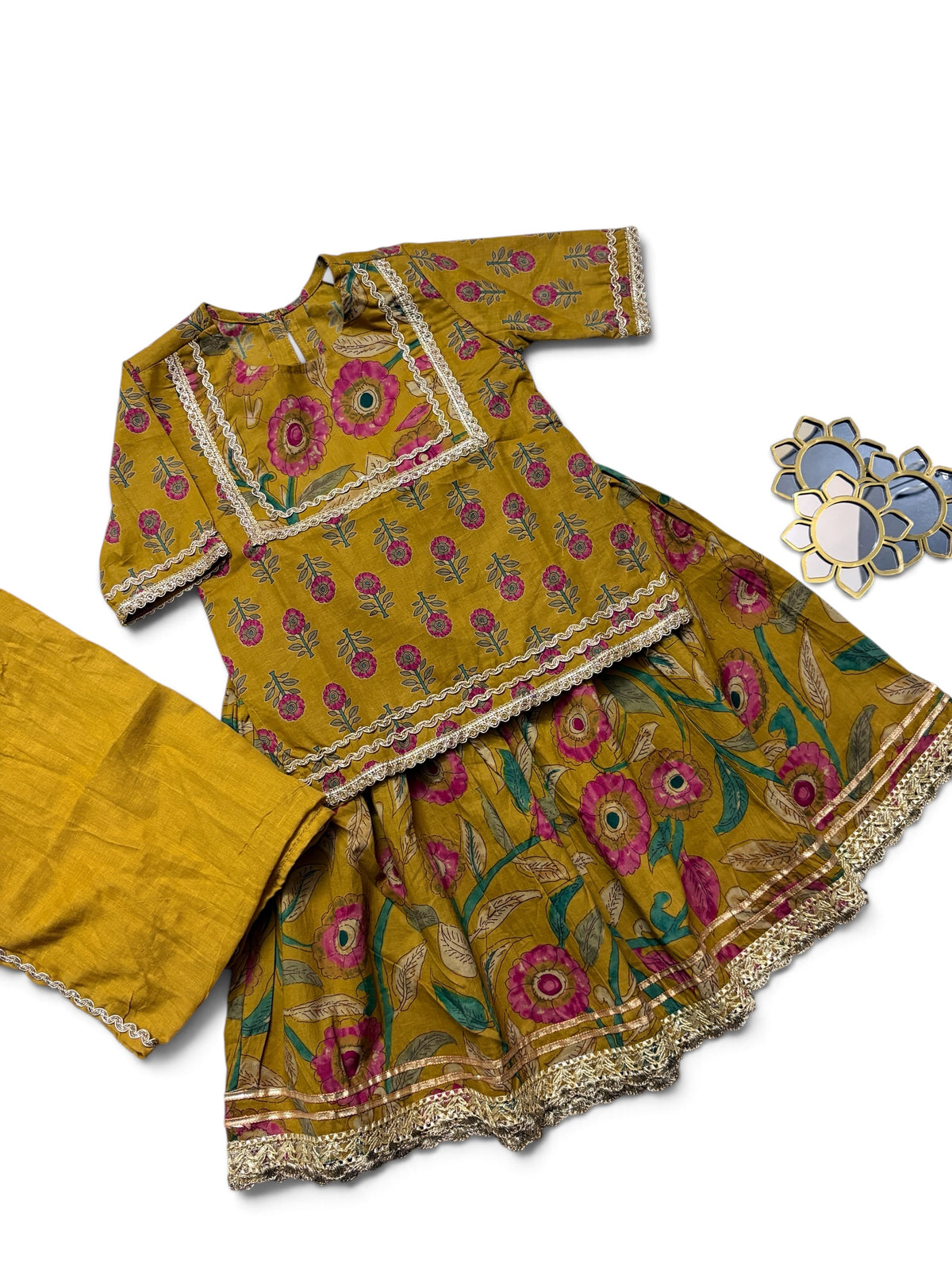 Sanjh Yellow Floral Girls Kurti lehenga with Dupatta
