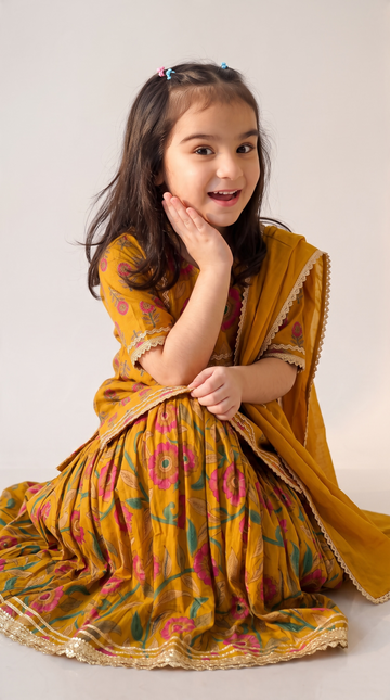 Sanjh Yellow Floral Girls Kurti lehenga with Dupatta