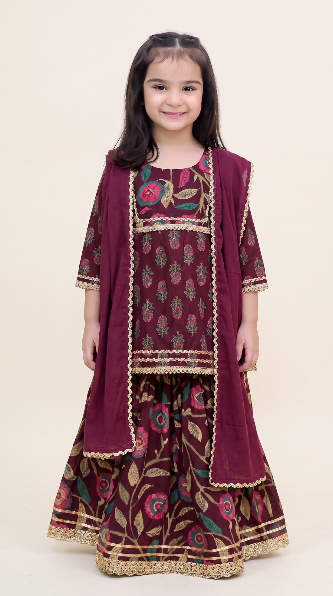 Sanjh Mehroon Floral Girls Kurti lehenga with Dupatta