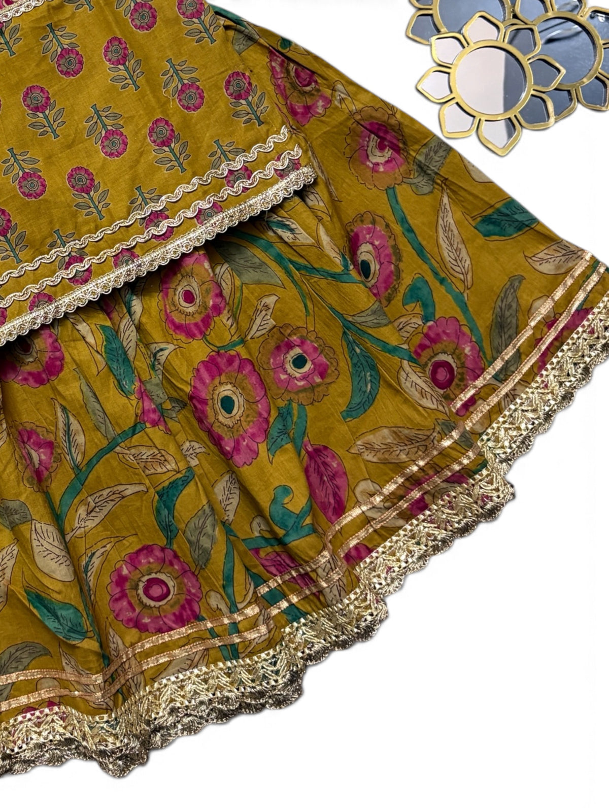 Sanjh Yellow Floral Girls Kurti lehenga with Dupatta
