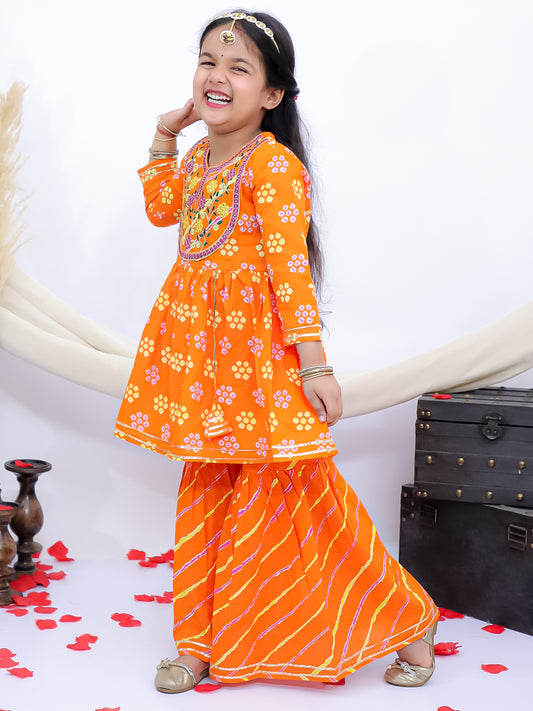 Rangrez Orange Girls Floral Leheriya Embroidered Kurti with Garara