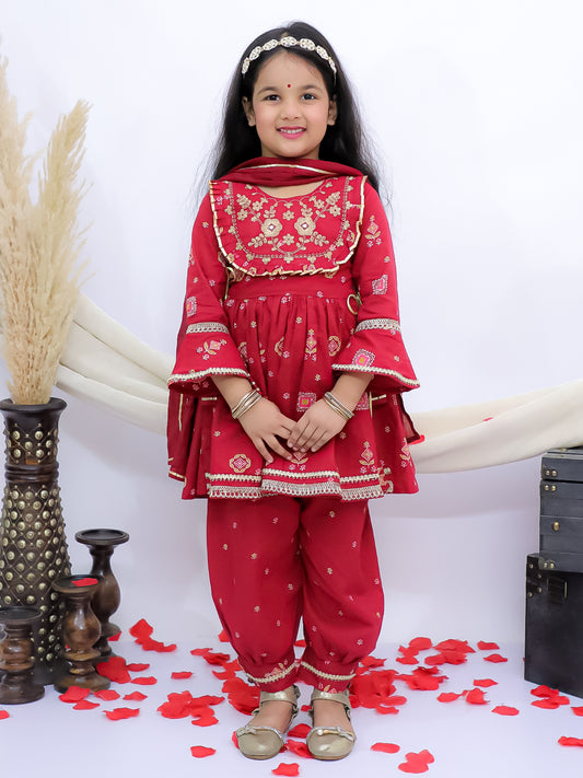 Gulbahar Red Embroidered Kurti with Afghani Pants