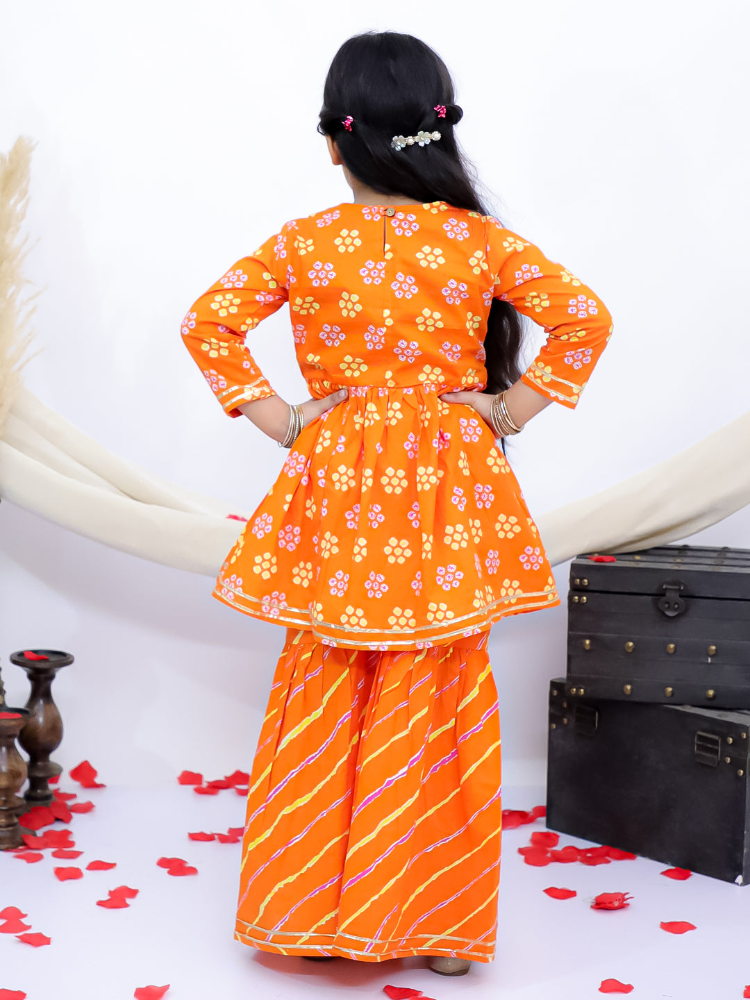 Rangrez Orange Girls Floral Leheriya Embroidered Kurti with Garara