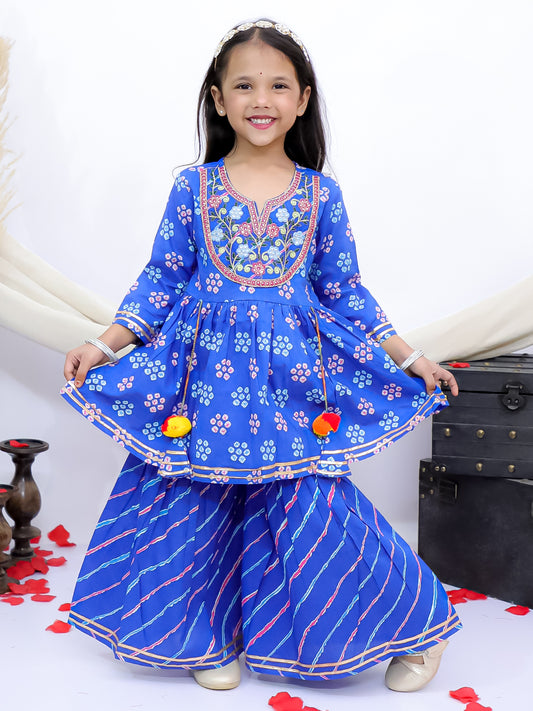 Neel Rang Blue Girls Floral Leheriya Embroidered Kurti with Garara