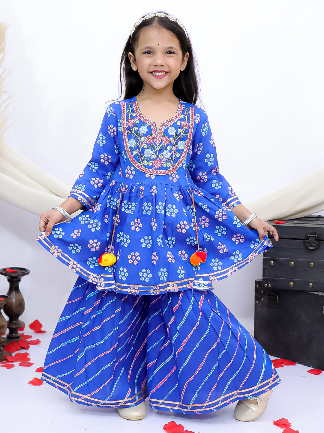 Neel Rang Blue Girls Floral Leheriya Embroidered Kurti with Garara