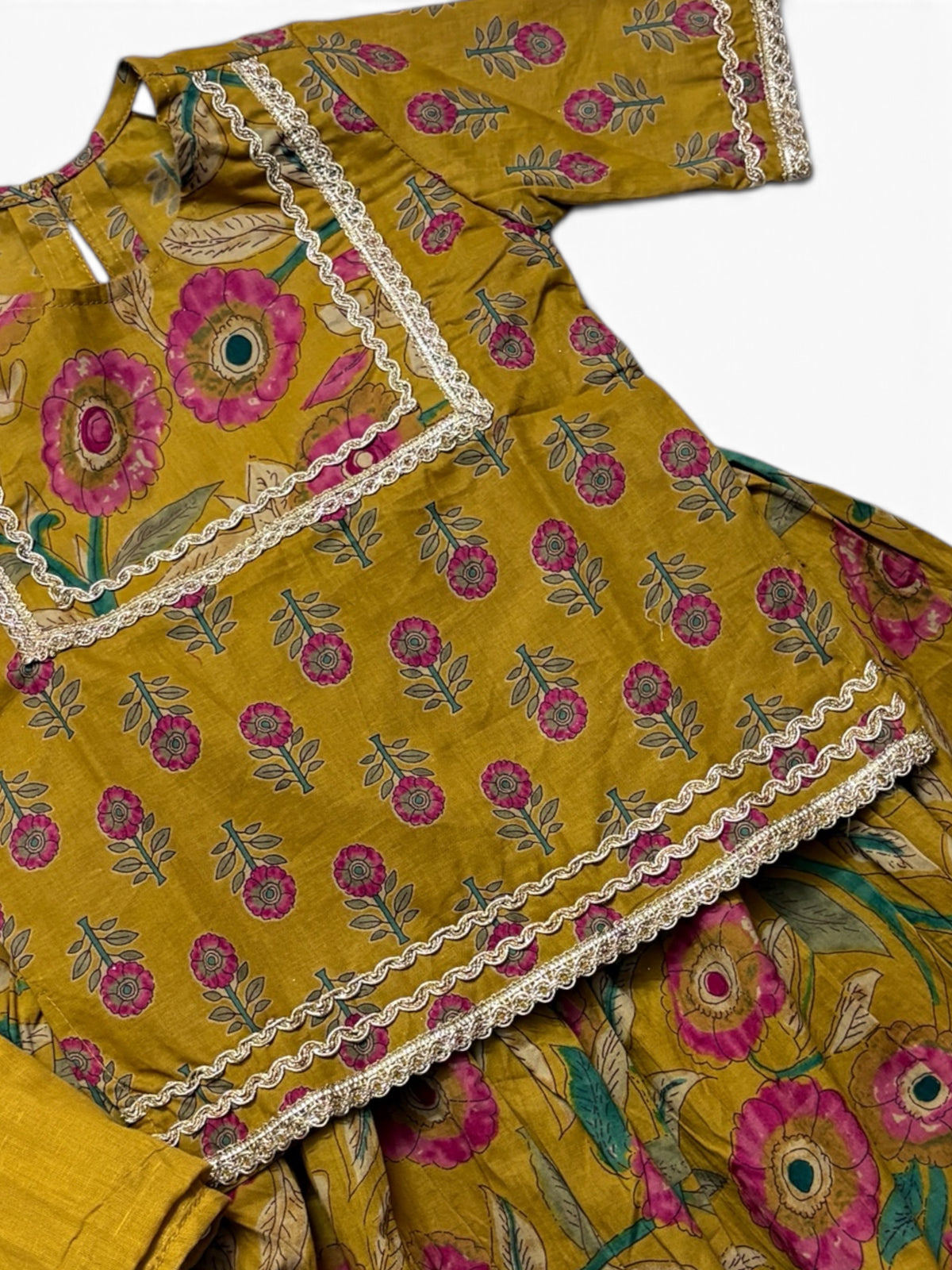 Sanjh Yellow Floral Girls Kurti lehenga with Dupatta