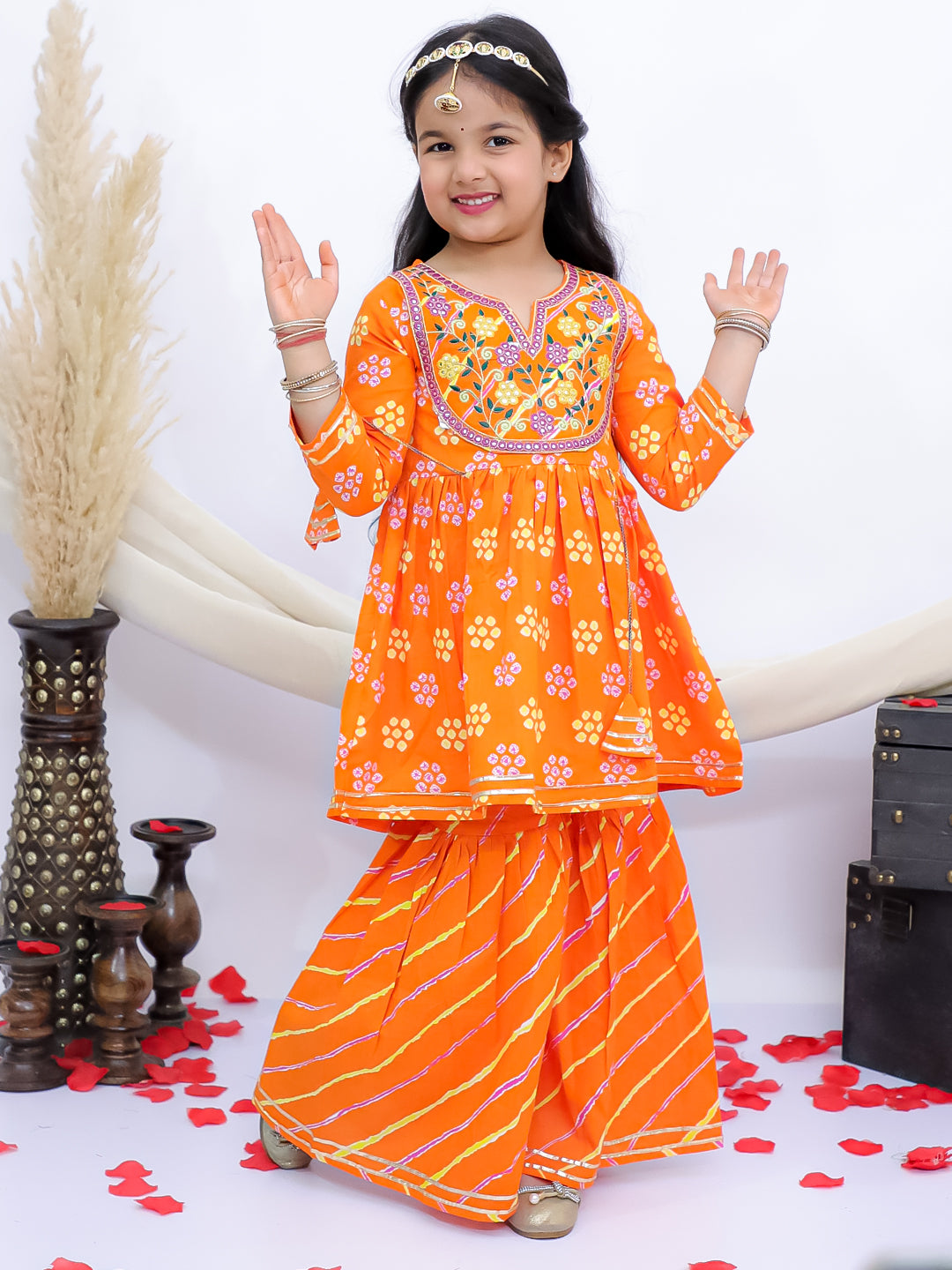 Rangrez Orange Girls Floral Leheriya Embroidered Kurti with Garara