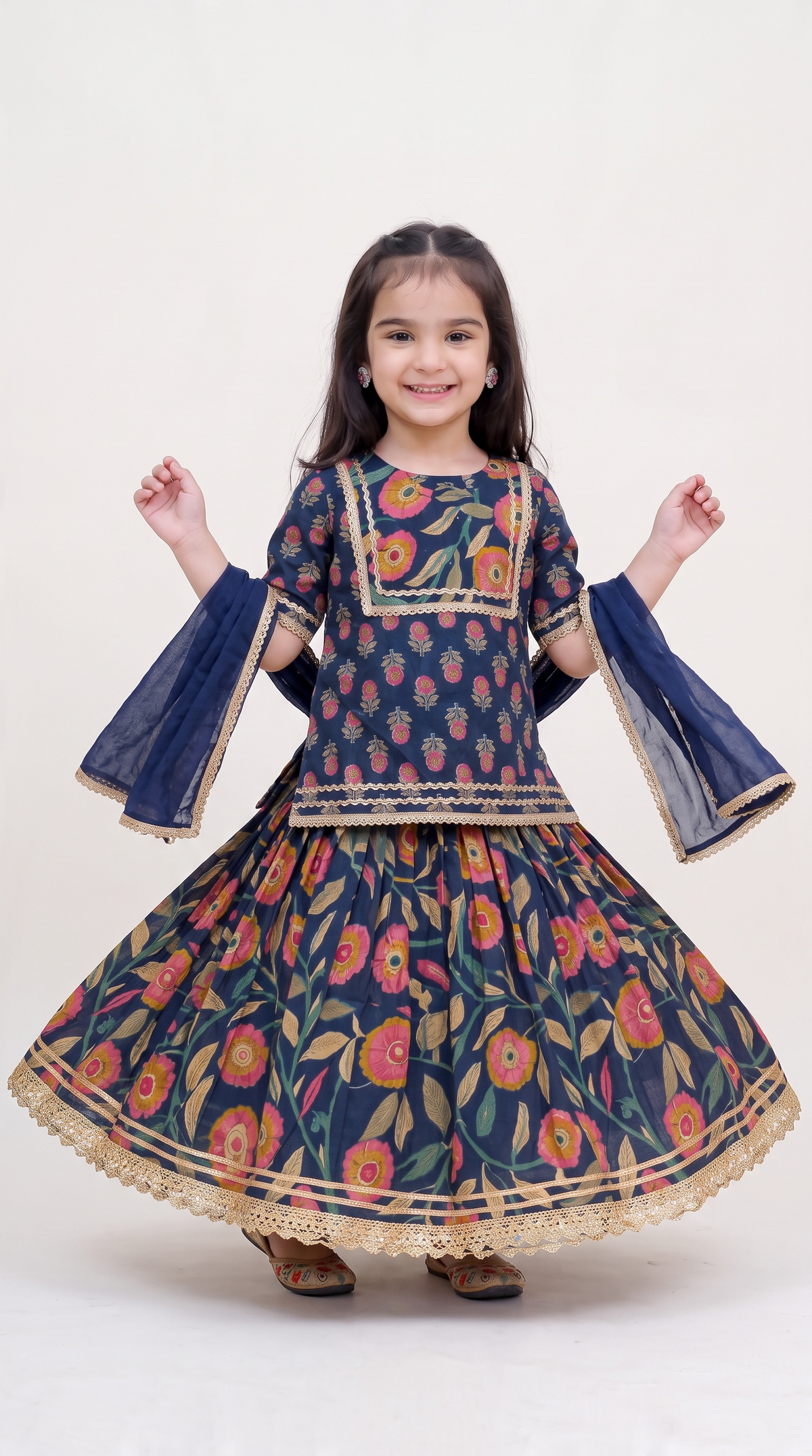 Sanjh Blue Floral Girls Kurti lehenga with Dupatta