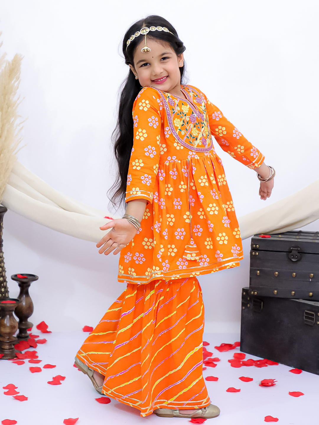 Rangrez Orange Girls Floral Leheriya Embroidered Kurti with Garara