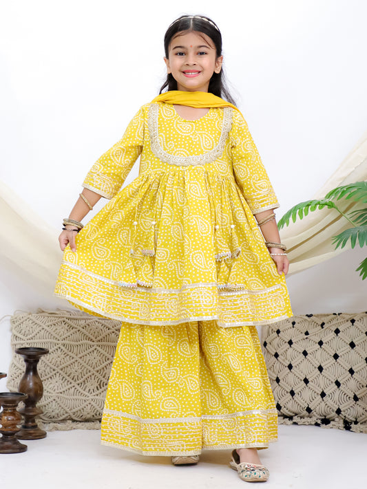 Bandhani Edits Yellow Girls Sharara Kurti With Mul Dupatta