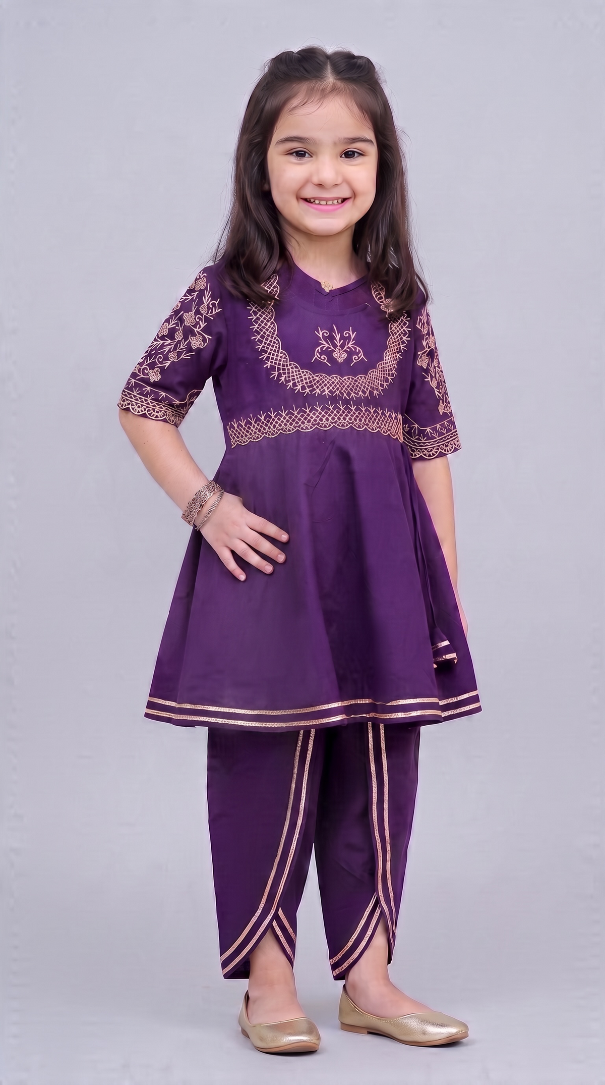 Hawa Mahal Purple Girls Embroidered Kurti Dhoti