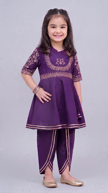Hawa Mahal Purple Girls Embroidered Kurti Dhoti