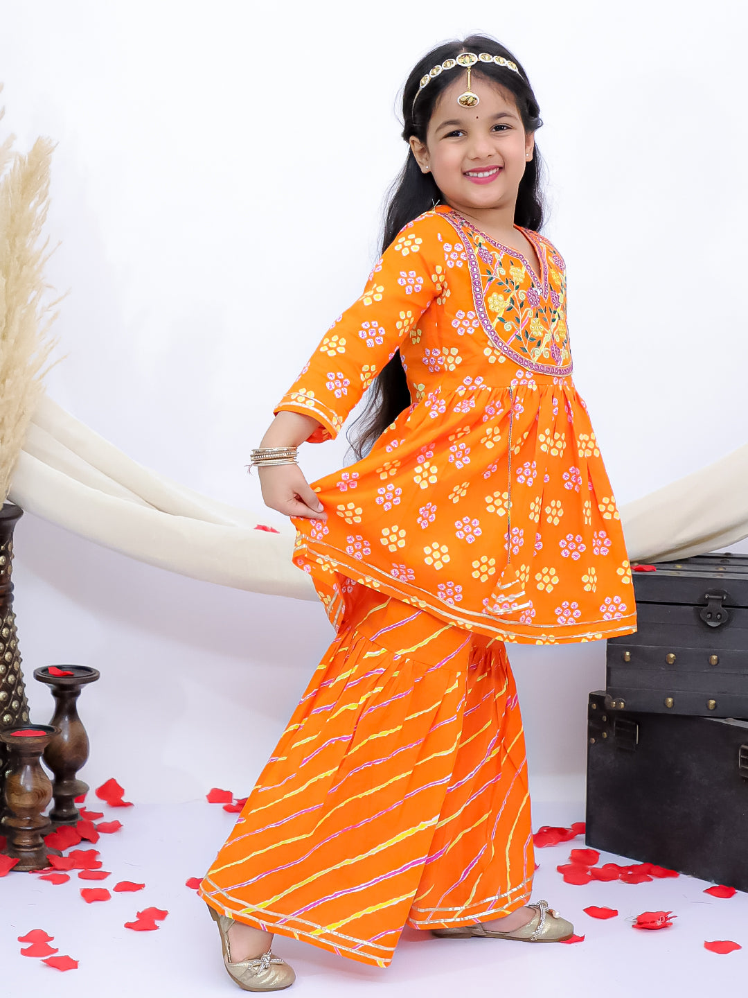 Rangrez Orange Girls Floral Leheriya Embroidered Kurti with Garara