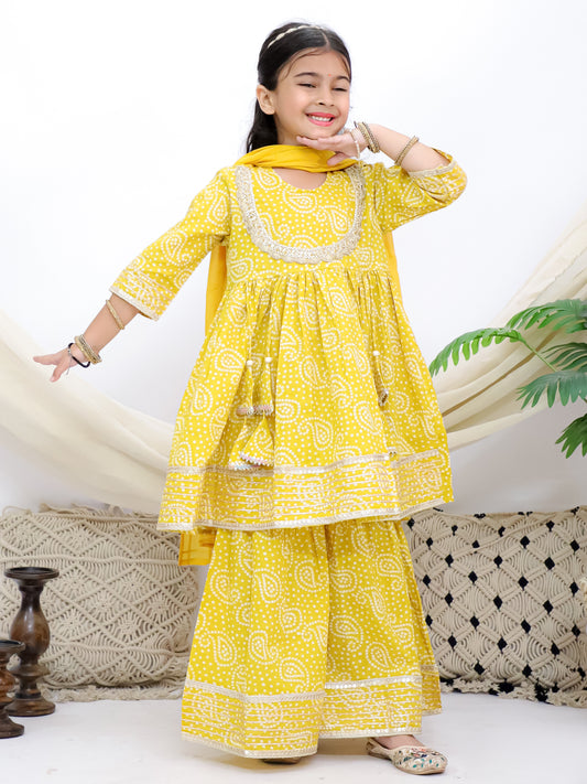 Bandhani Edits Yellow Girls Sharara Kurti With Mul Dupatta