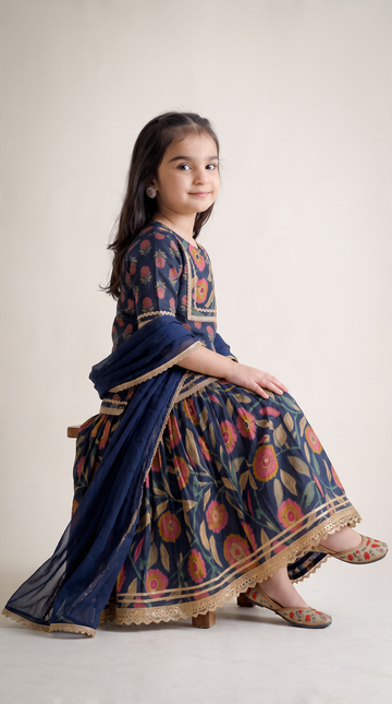 Sanjh Blue Floral Girls Kurti lehenga with Dupatta