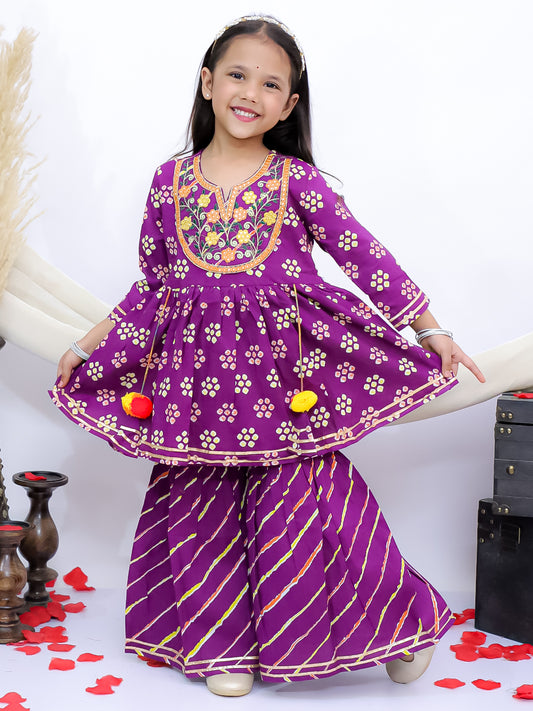 Rangrez Purple Girls Floral Leheriya Embroidered Kurti with Garara