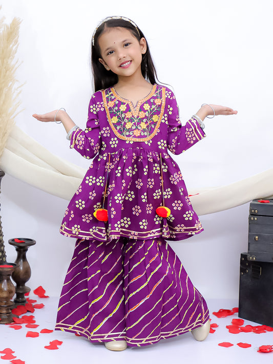 Rangrez Purple Girls Floral Leheriya Embroidered Kurti with Garara