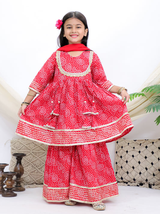 Bandhani Edits Red Girls Sharara Kurti With Mul Dupatta