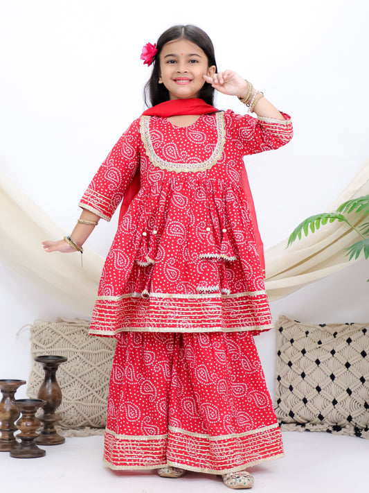 Bandhani Edits Red Girls Sharara Kurti With Mul Dupatta