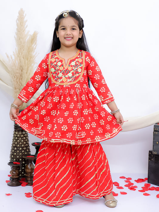 Rangrez Red Girls Floral Leheriya Embroidered Kurti with Garara