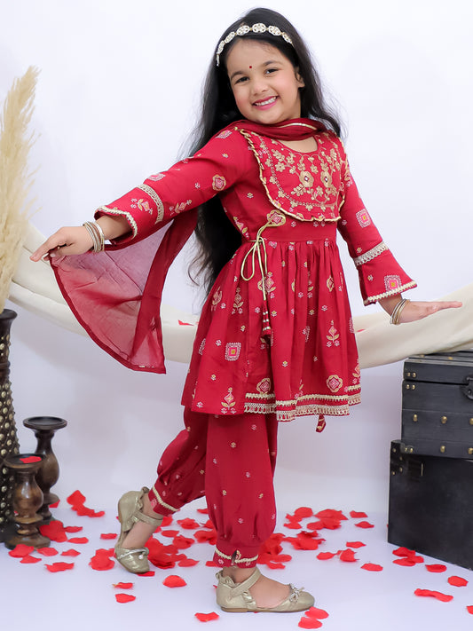 Gulbahar Red Embroidered Kurti with Afghani Pants