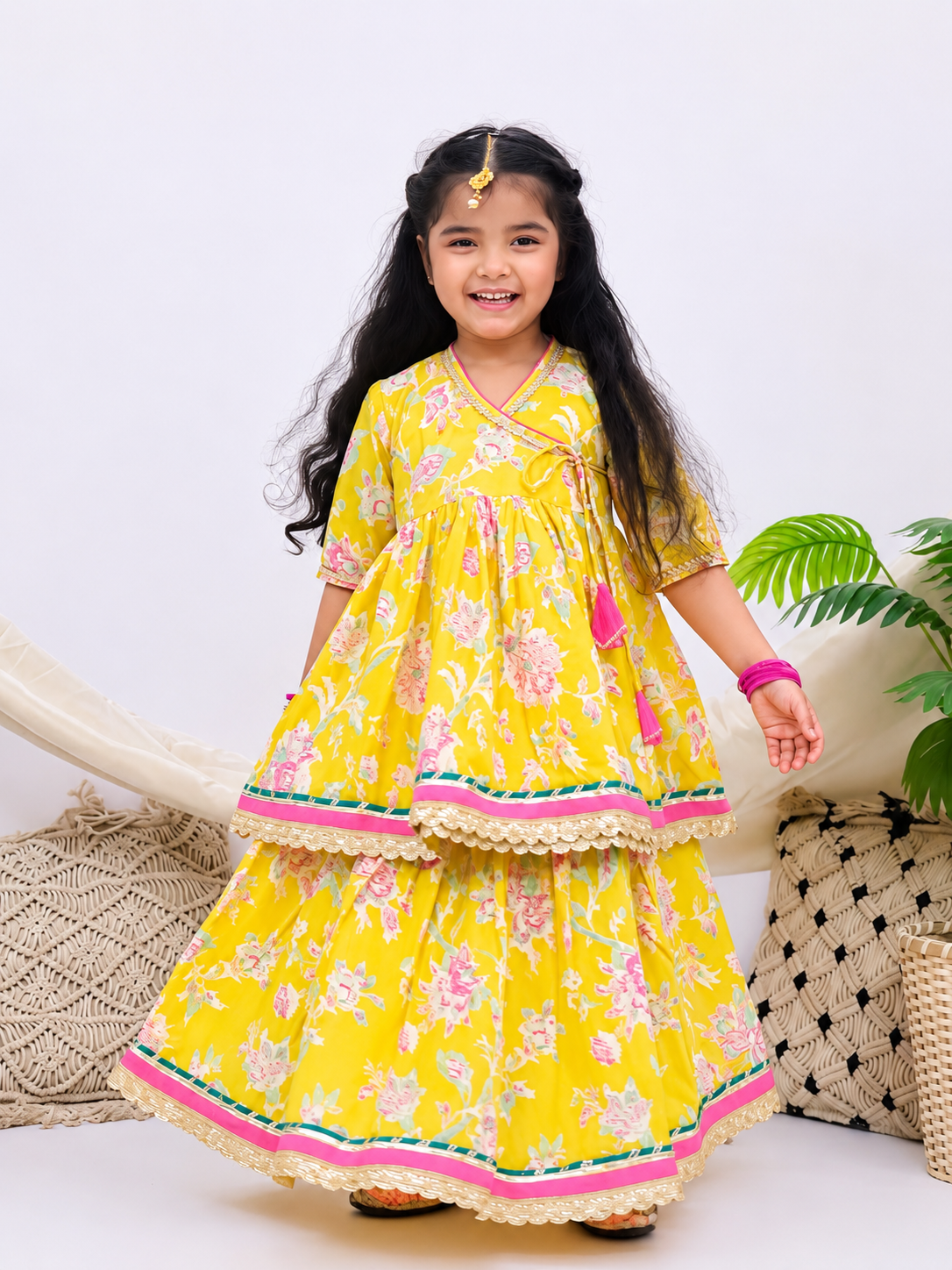 Gulbahar Yellow Girls Floral Angrakha Kurti with Skirt