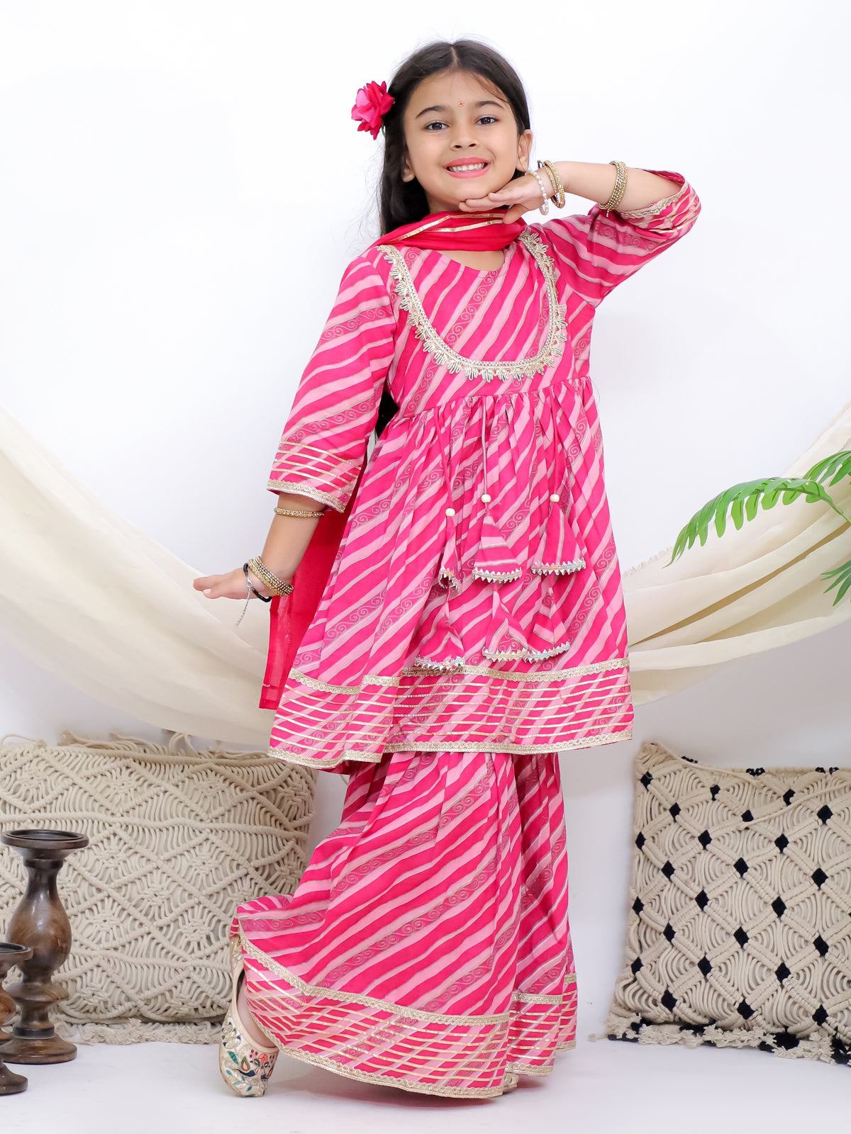 Sawan Leheriya Pink Girls Sharara Kurti With Mul Dupatta