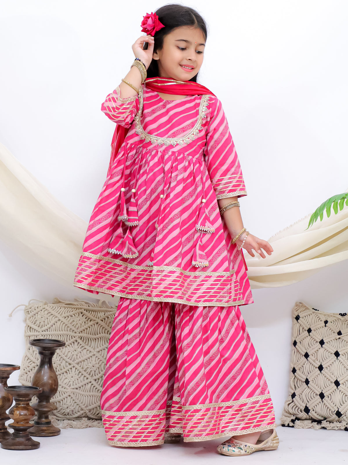Sawan Leheriya Pink Girls Sharara Kurti With Mul Dupatta