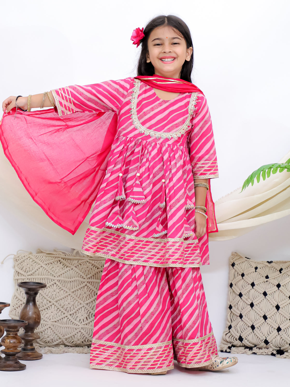 Sawan Leheriya Pink Girls Sharara Kurti With Mul Dupatta