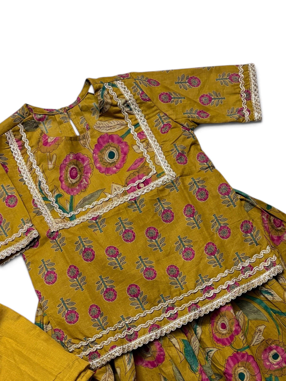 Sanjh Yellow Floral Girls Kurti lehenga with Dupatta