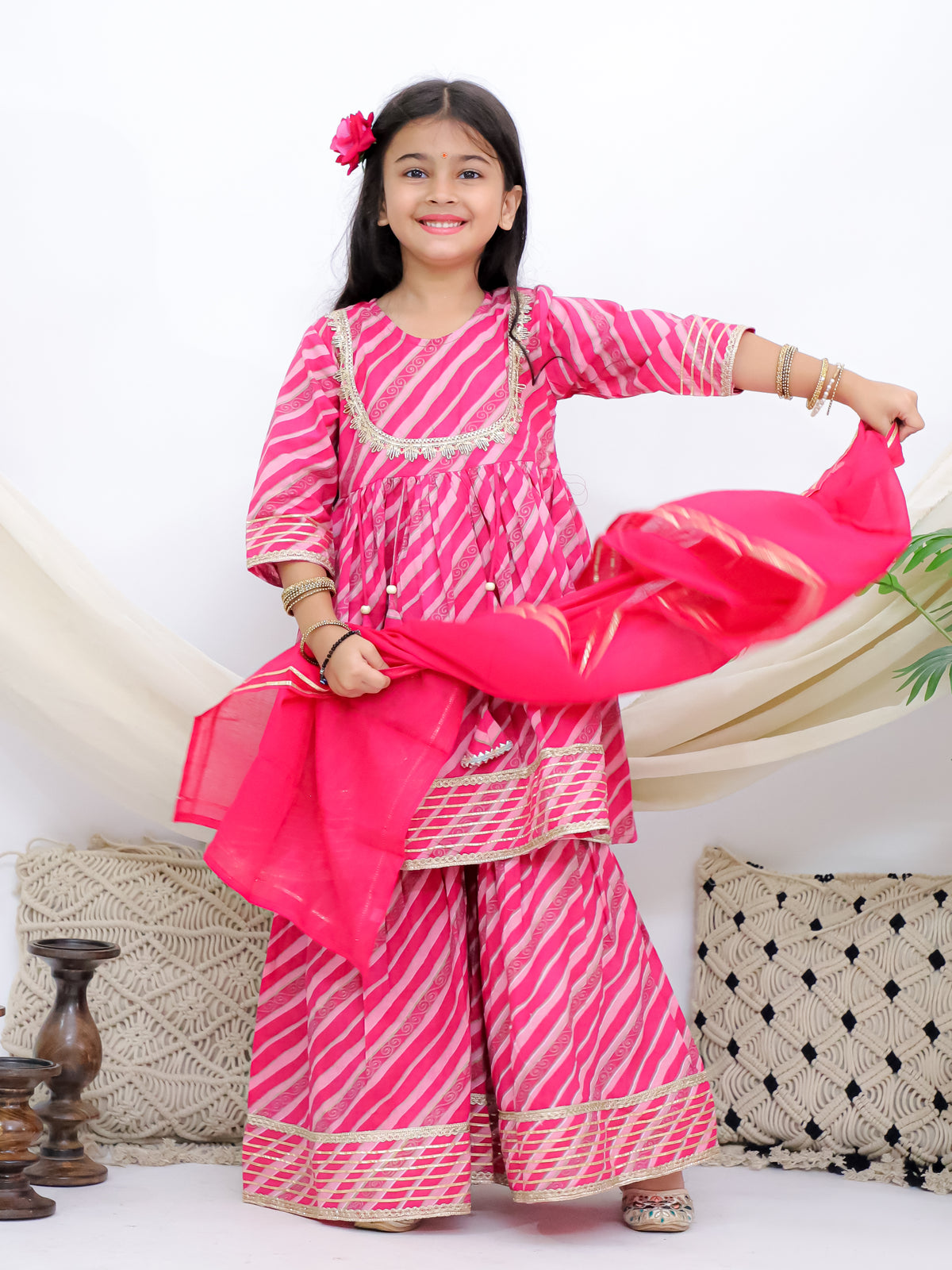Sawan Leheriya Pink Girls Sharara Kurti With Mul Dupatta
